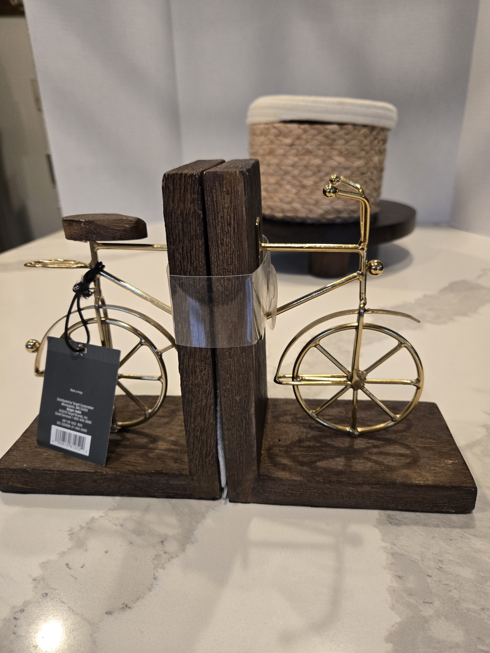 Threshold Gold Metal Bicycle Bookends with Dark Wood Bases